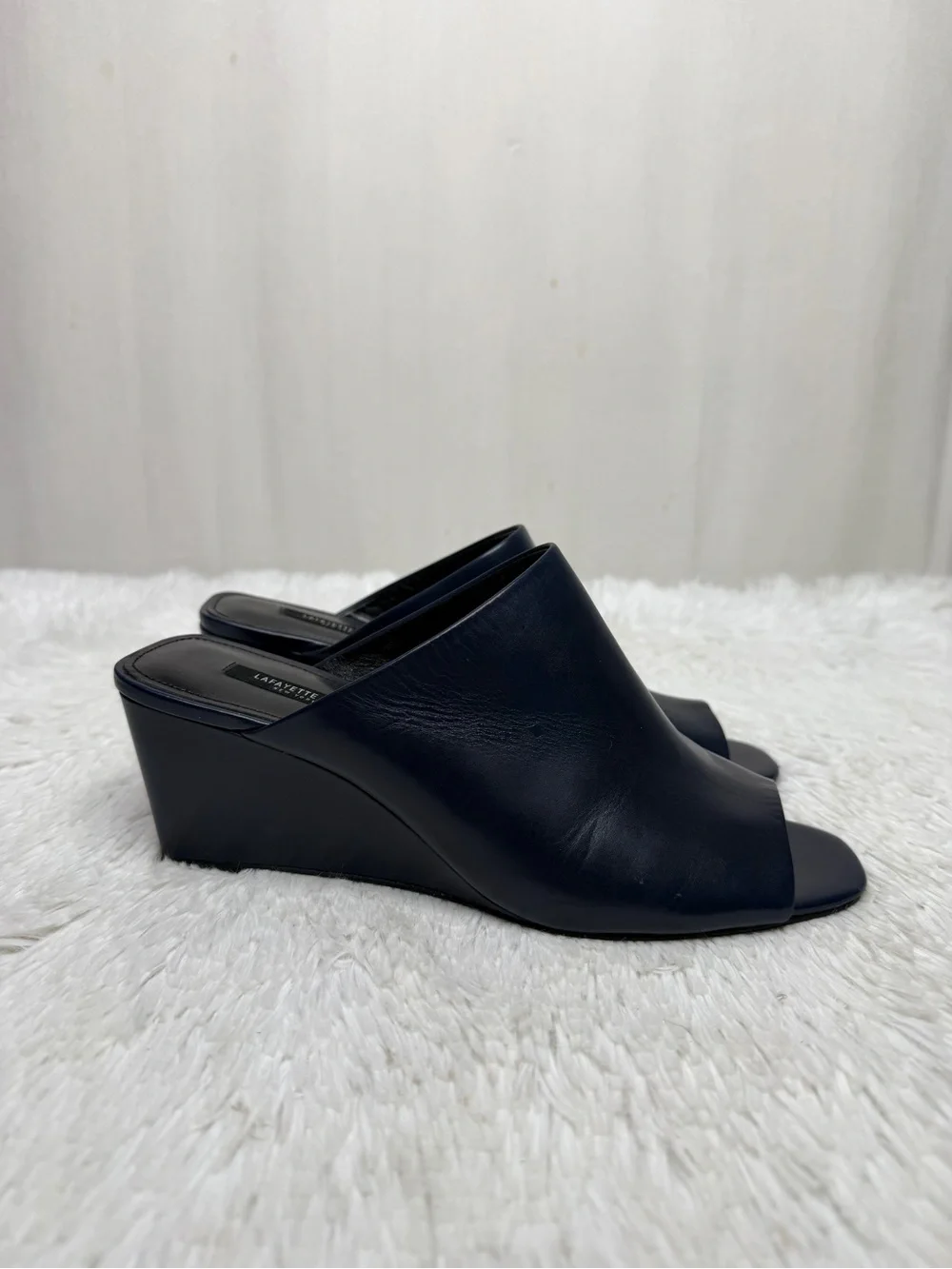 LAFAYETTE 148 / Hayvin navy blue leather slip on wedge mule heels / 8